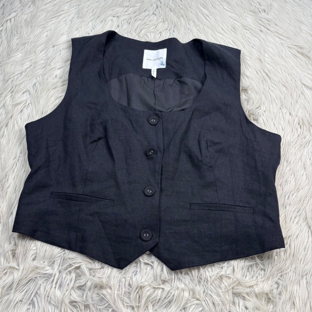 Avec Les Filles Women's XL Black Linen Vest Top Preppy Chic Y2K